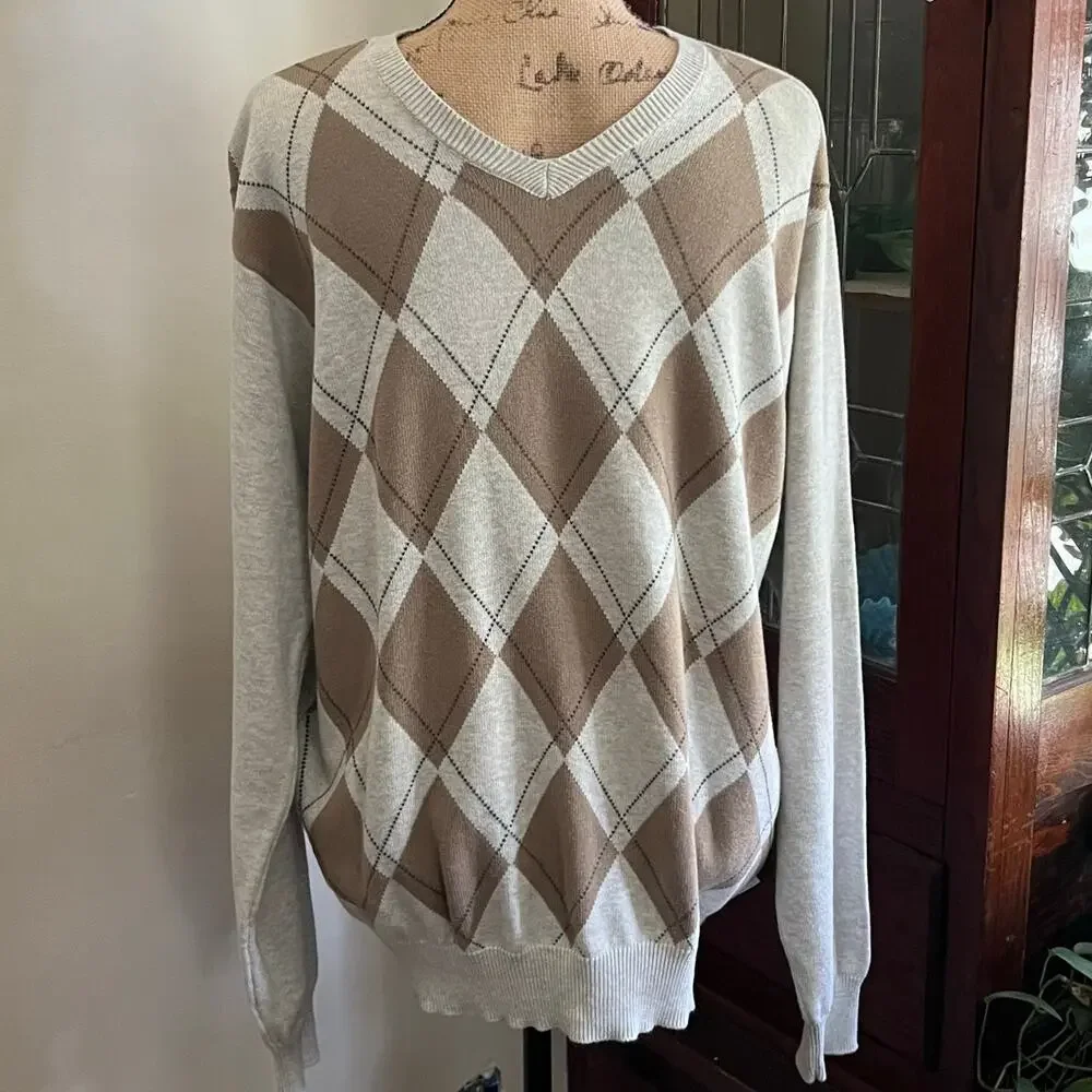 Y2K Vintage IZOD Argyle Sweater Size M Men VNeck Gray Tan Cotton Academia Preppy